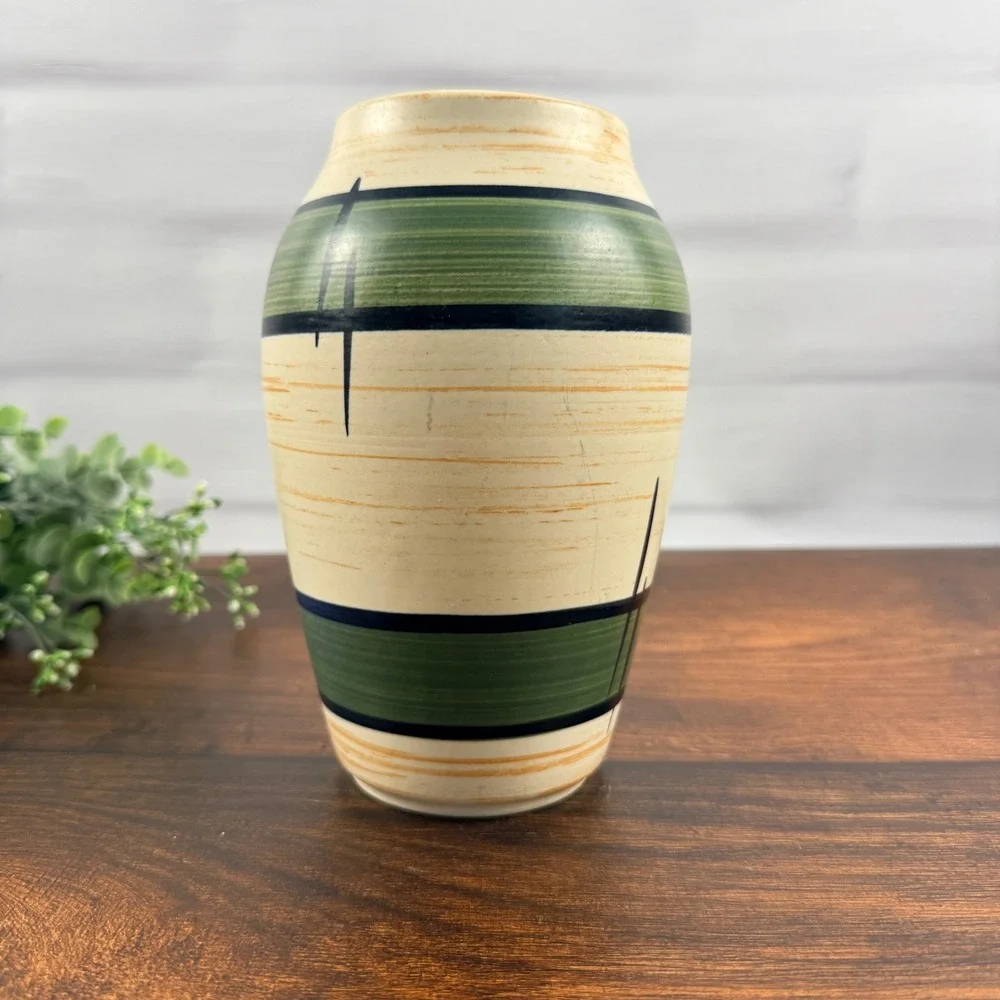 Bay Keramik 553-17 West German Pottery Atomic Vase Green Black MCM WGP